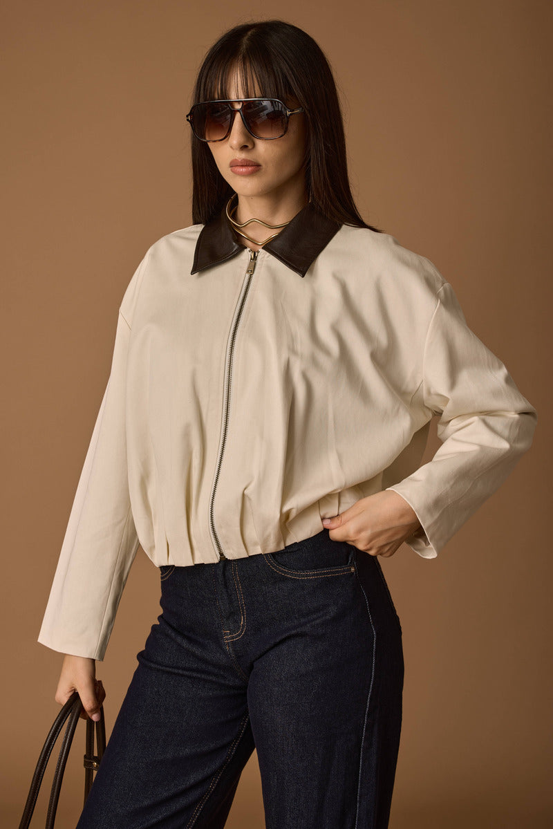 Bomber Colletto Ecopelle burro|Colore:Burro