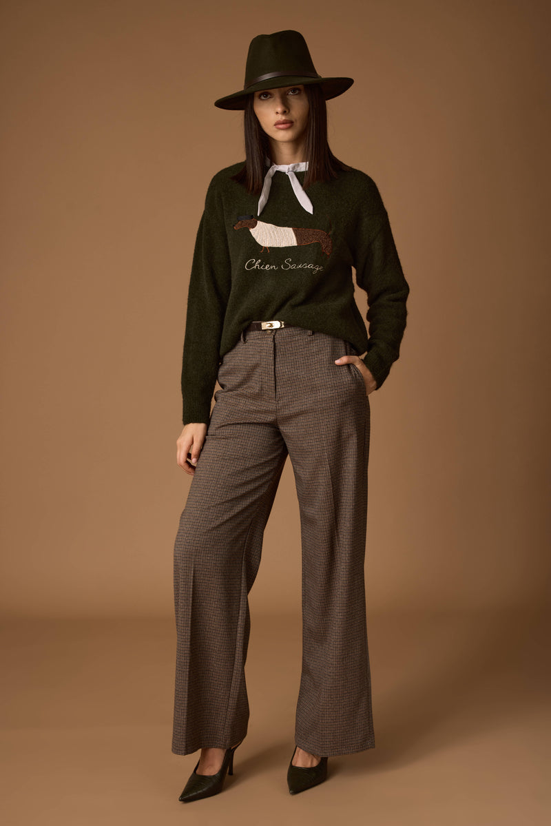 Pantalone Palazzo Pied De Poule Tabacco|Colore:Tabacco