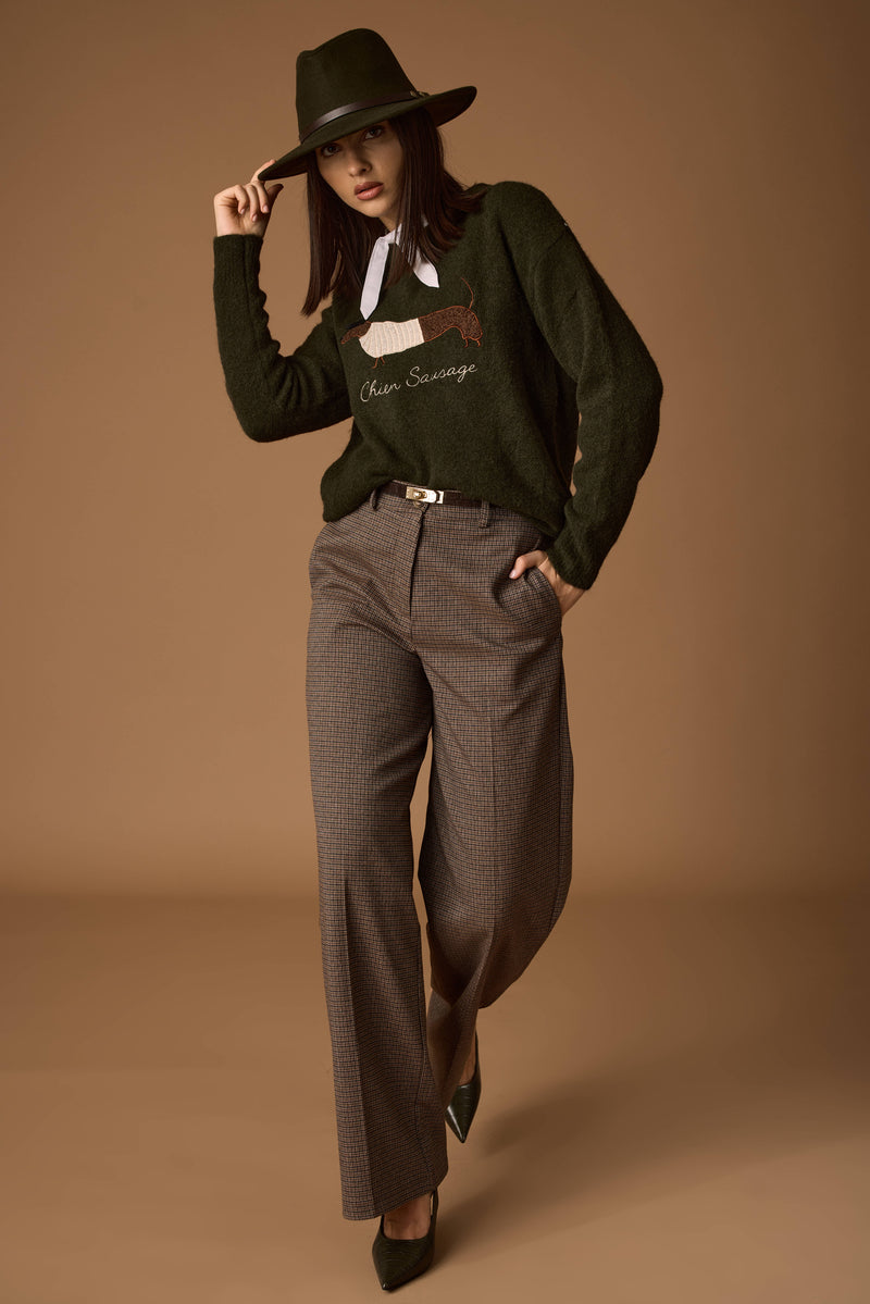 Pantalone Palazzo Pied De Poule Tabacco|Colore:Tabacco