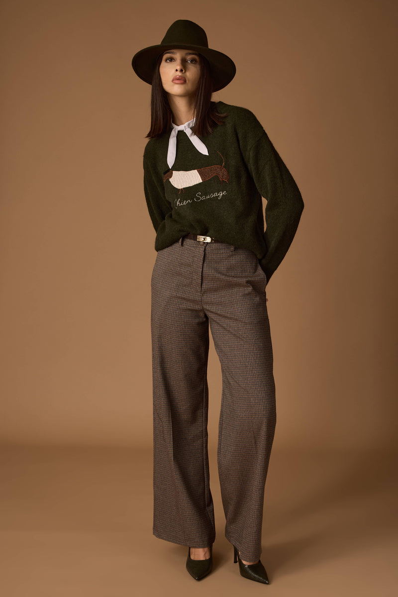 Pantalone Palazzo Pied De Poule Tabacco|Colore:Tabacco