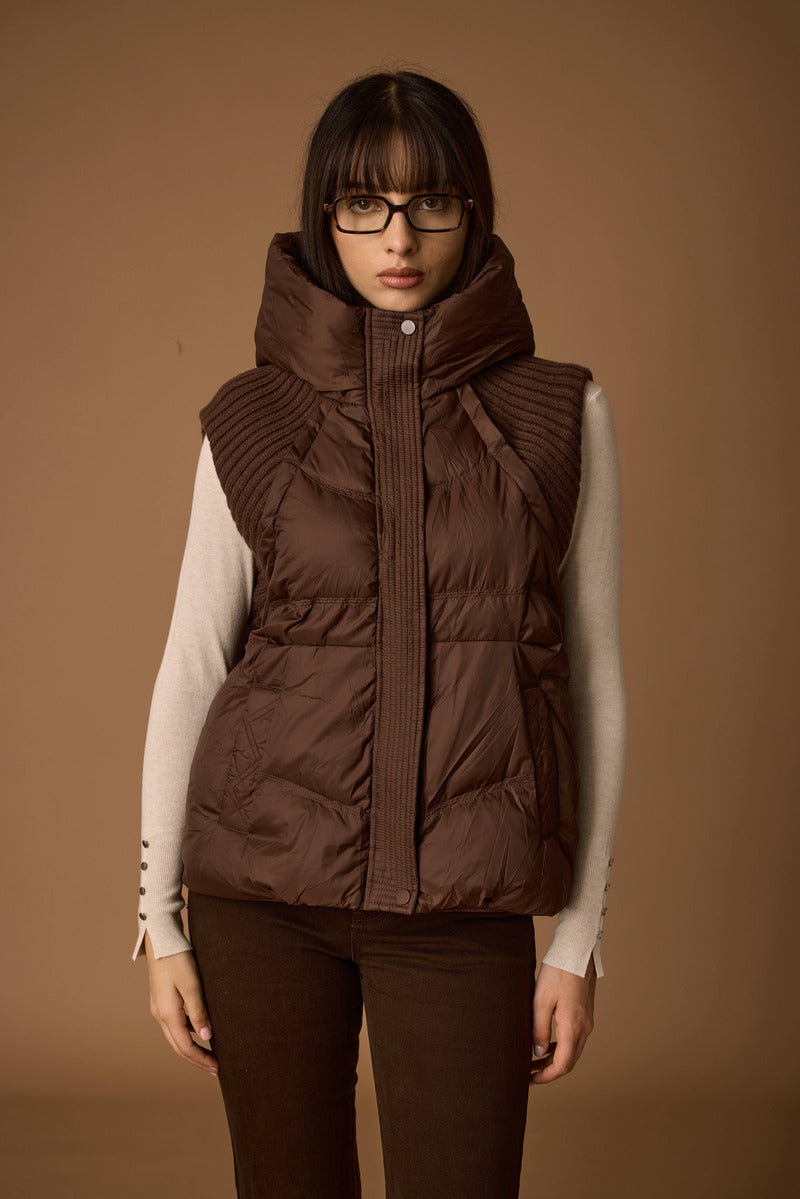 Piumino Smanicato Inserti In Maglia cacao|Colore:Cacao