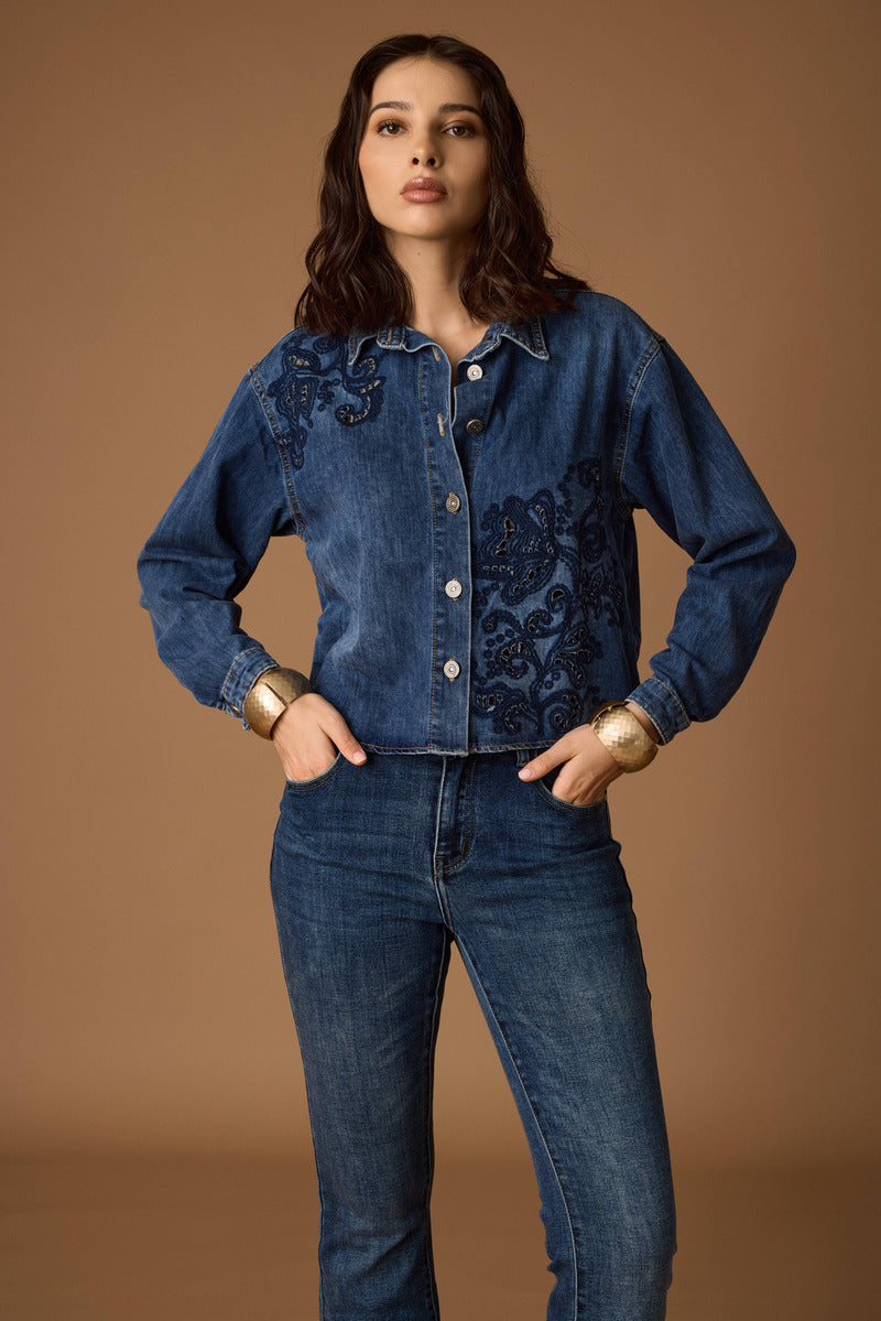 Camicia Denim Con Ricamo denim|Colore:Denim