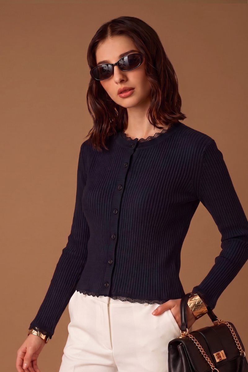 Cardigan Costine E Pizzo blu|Colore:Blu