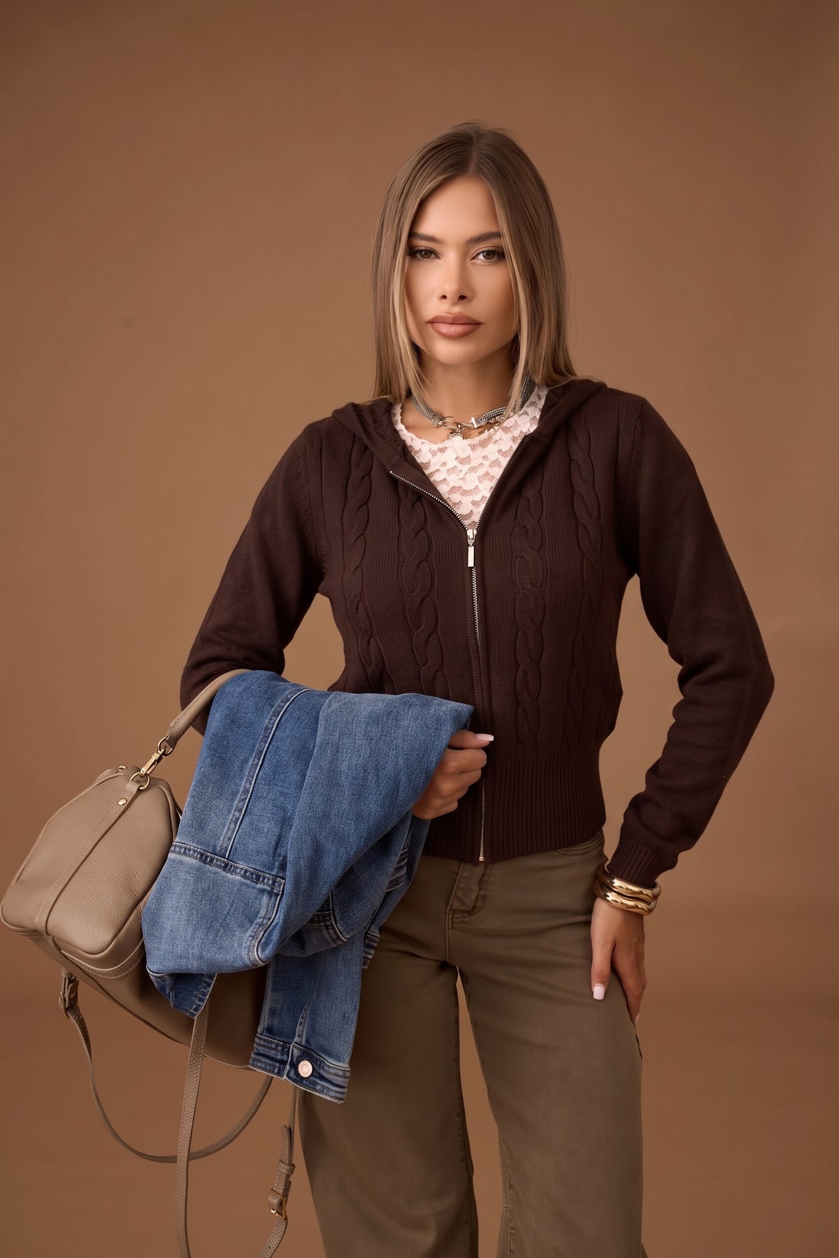 Cardigan Zip Trecce Testa di moro|Colore:Testa di moro