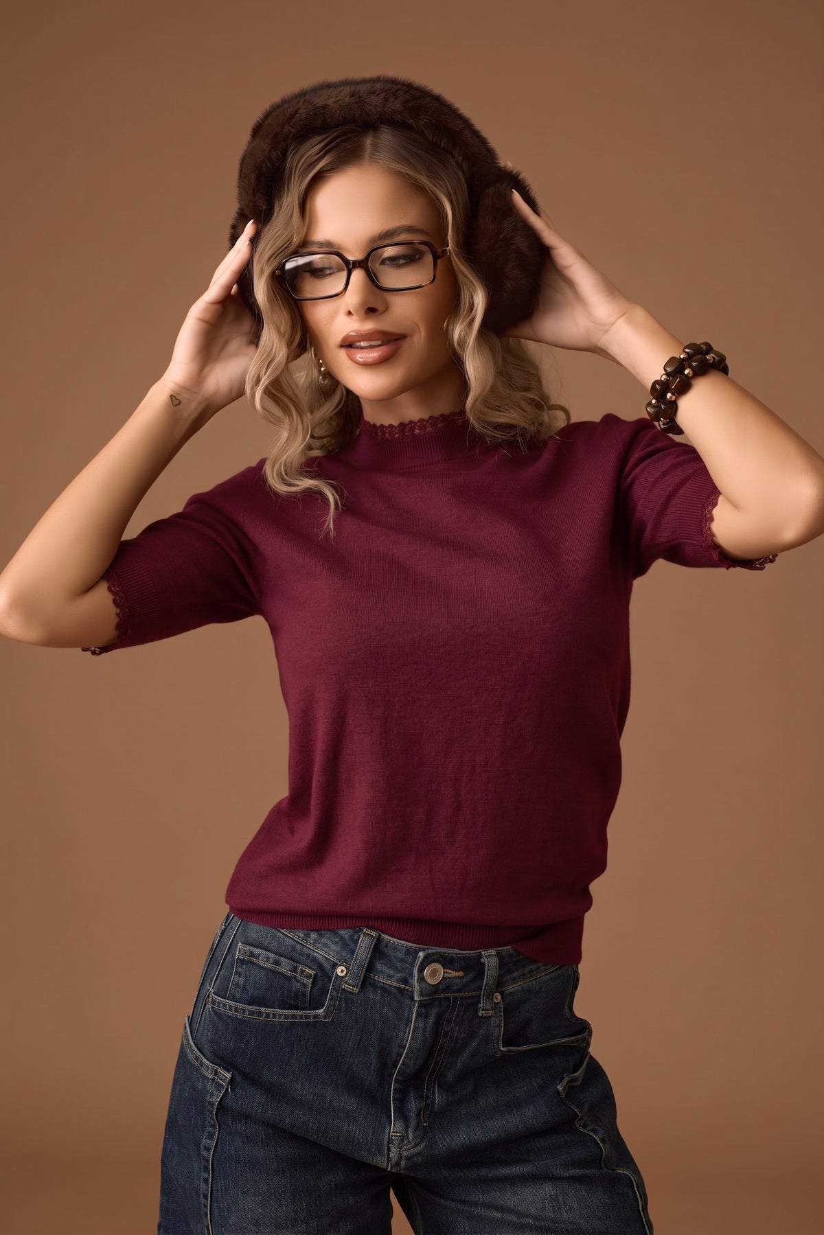 Pull Mezza Manica Bordino Pizzo Borgogna|Colore:Borgogna