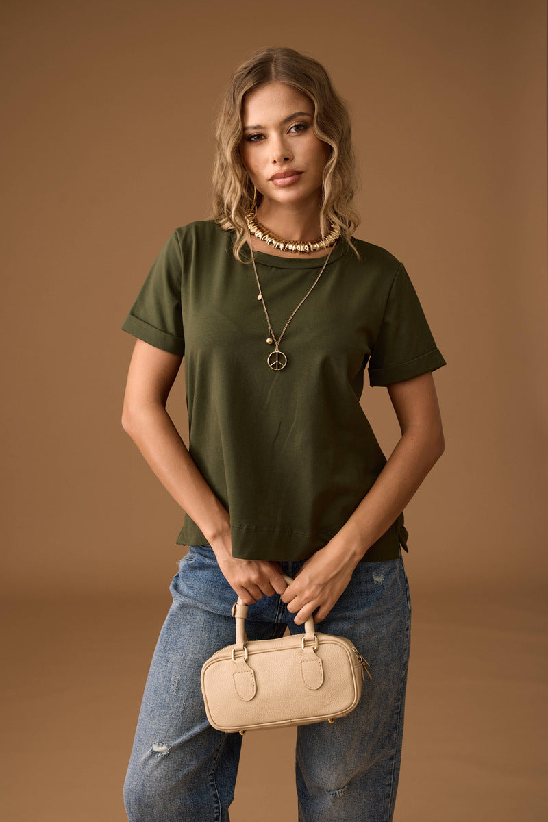 T-Shirt Manica Risvolto verde militare|Colore:Verde militare