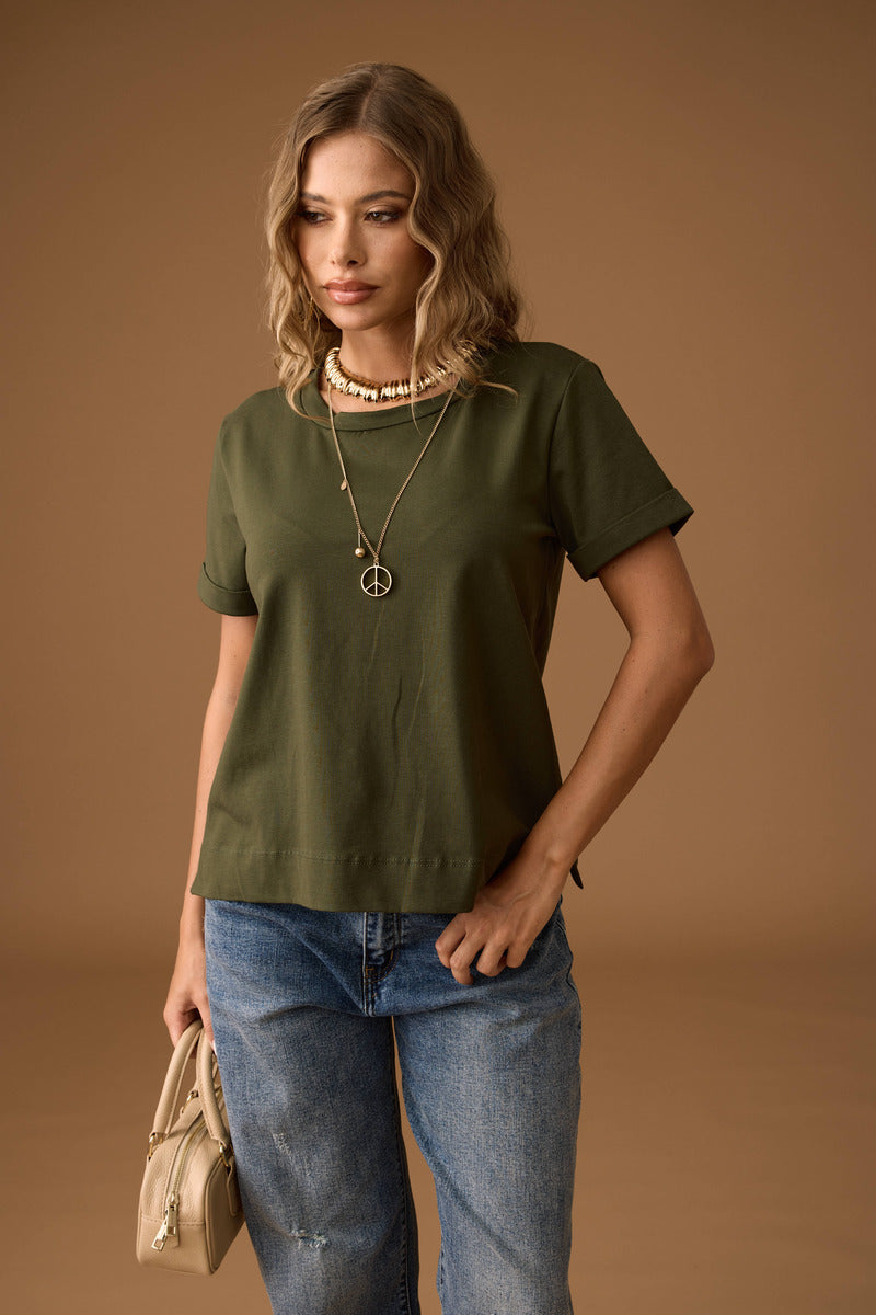 T-Shirt Manica Risvolto verde militare|Colore:Verde militare
