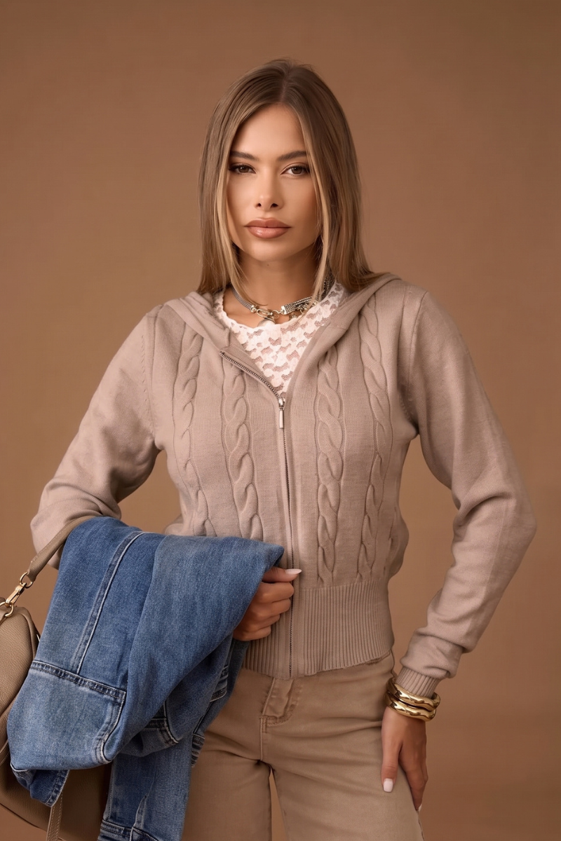 Cardigan Zip Trecce Fango chiaro|Colore:Fango chiaro