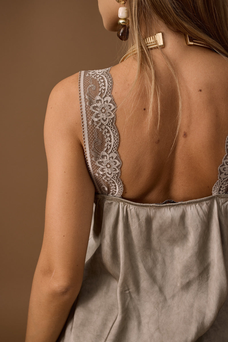 Top Seta E Pizzo Fango|Colore:Fango