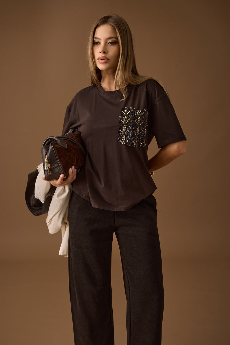 T-Shirt Tasca Paillettes testa di moro|Colore:Testa di moro