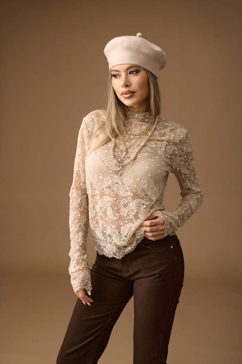 Maglia Pizzo Fantasia Cashmere Beige|Colore:Beige