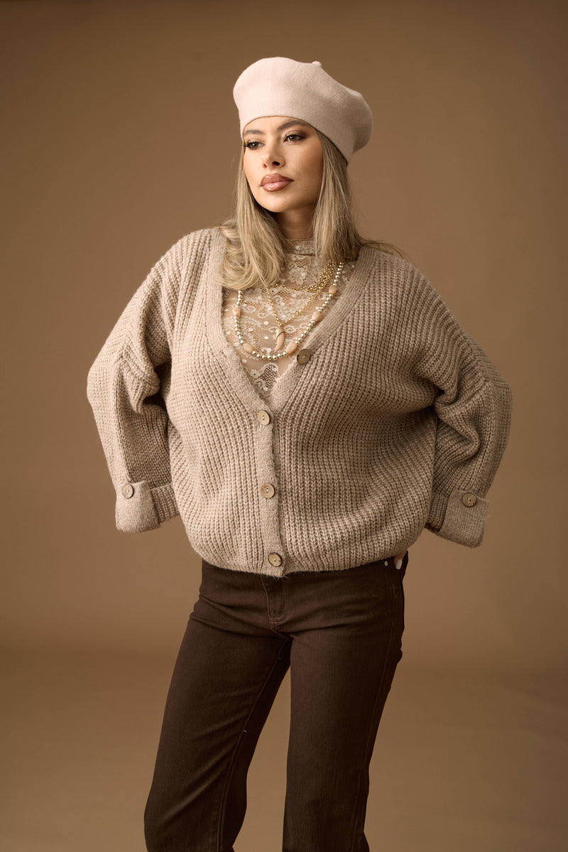 Cardigan Costine Bottone Legno beige|Colore:Beige