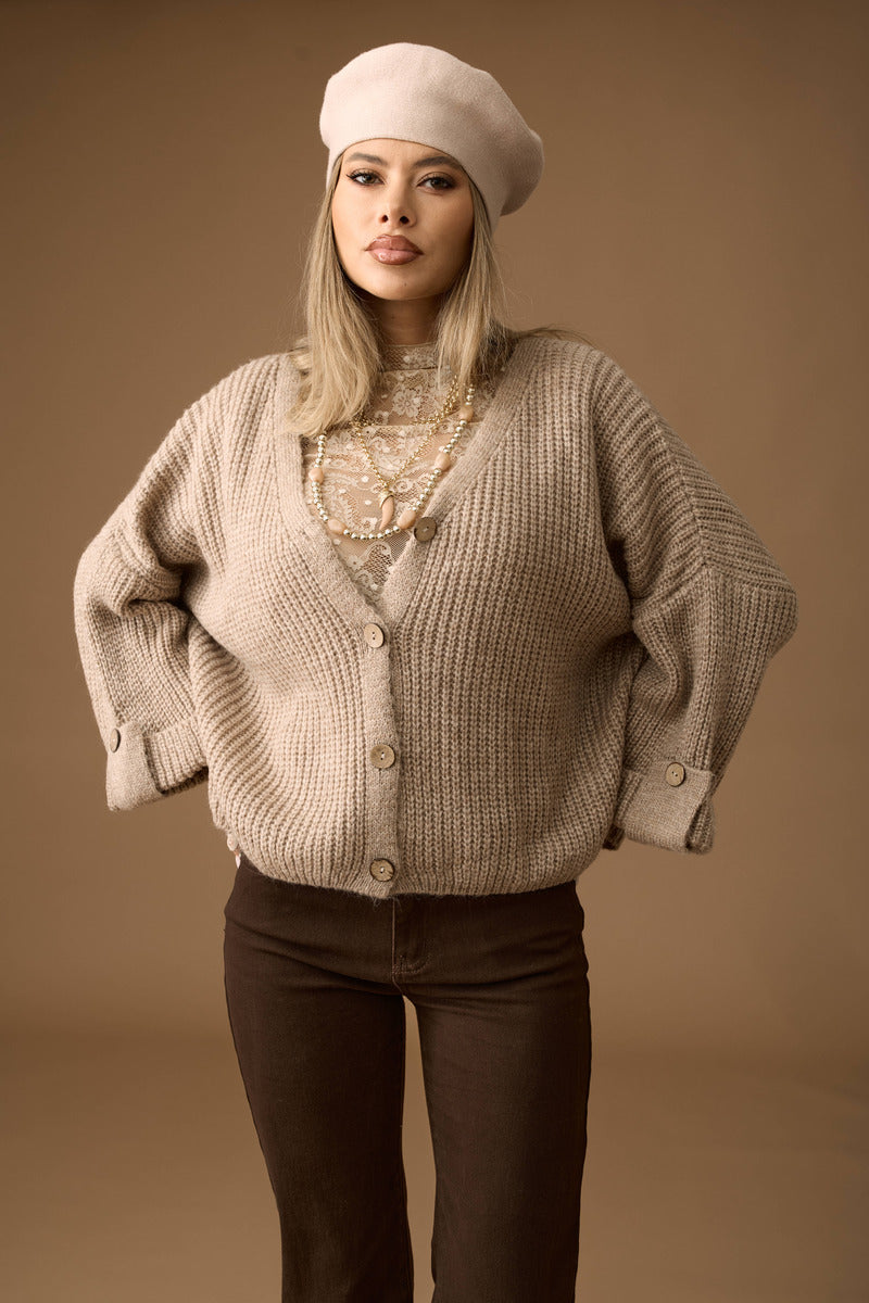 Cardigan Costine Bottone Legno beige|Colore:Beige