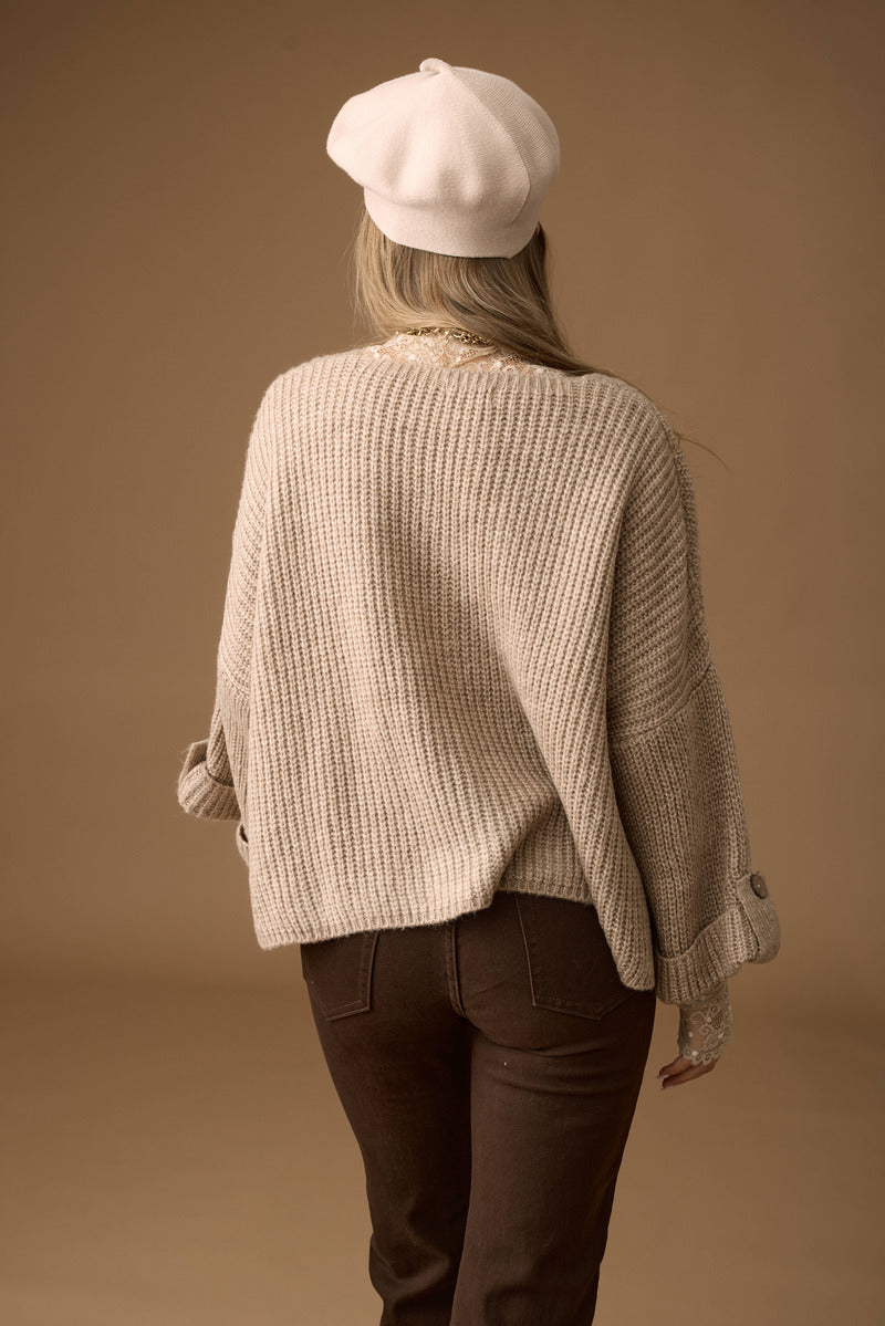 Cardigan Costine Bottone Legno beige|Colore:Beige