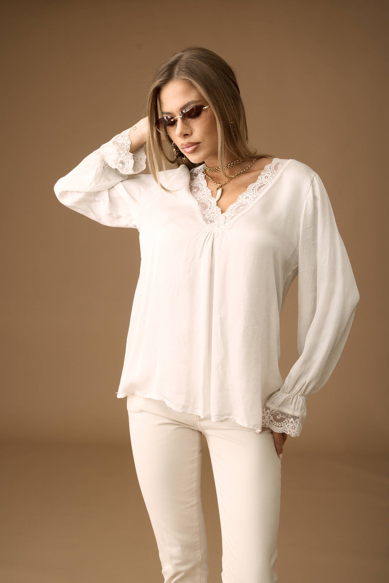 Blusa Scollo V Pizzo gesso|Colore:Gesso