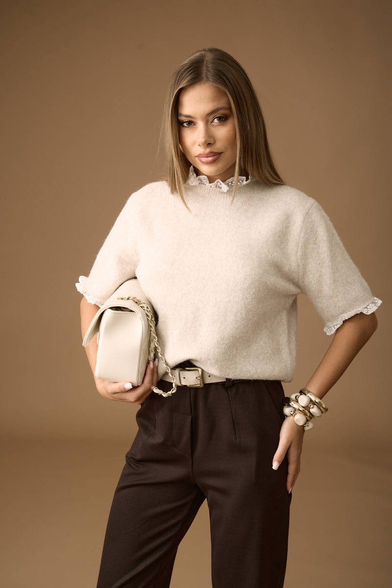 Pull Mezza Manica Con Merletto beige|Colore:Beige