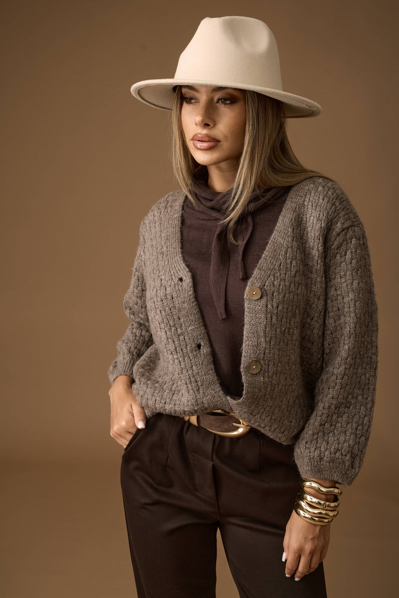Cardigan Intreccio Bottoni Legno fango|Colore:Fango