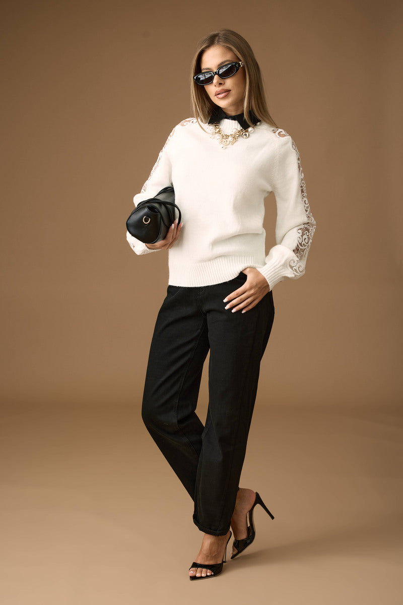 Pull Macramé Su Manica bianco|Colore:Bianco