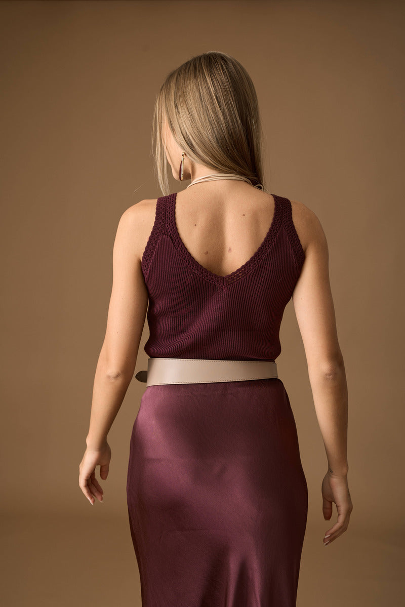 Top Costine Doppio Scollo V Borgogna|Colore:Borgogna