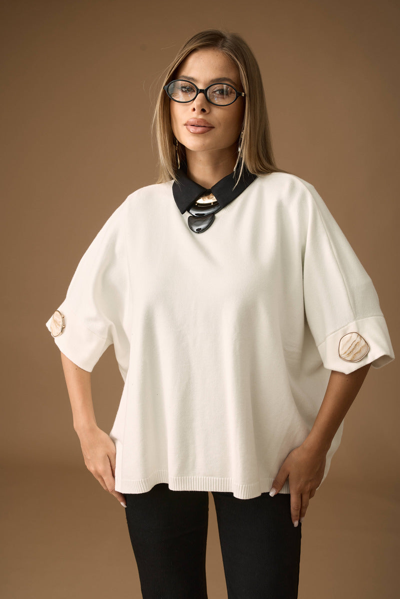 Pull Mezza Manica Con Bottone Piera panna|Colore:Panna