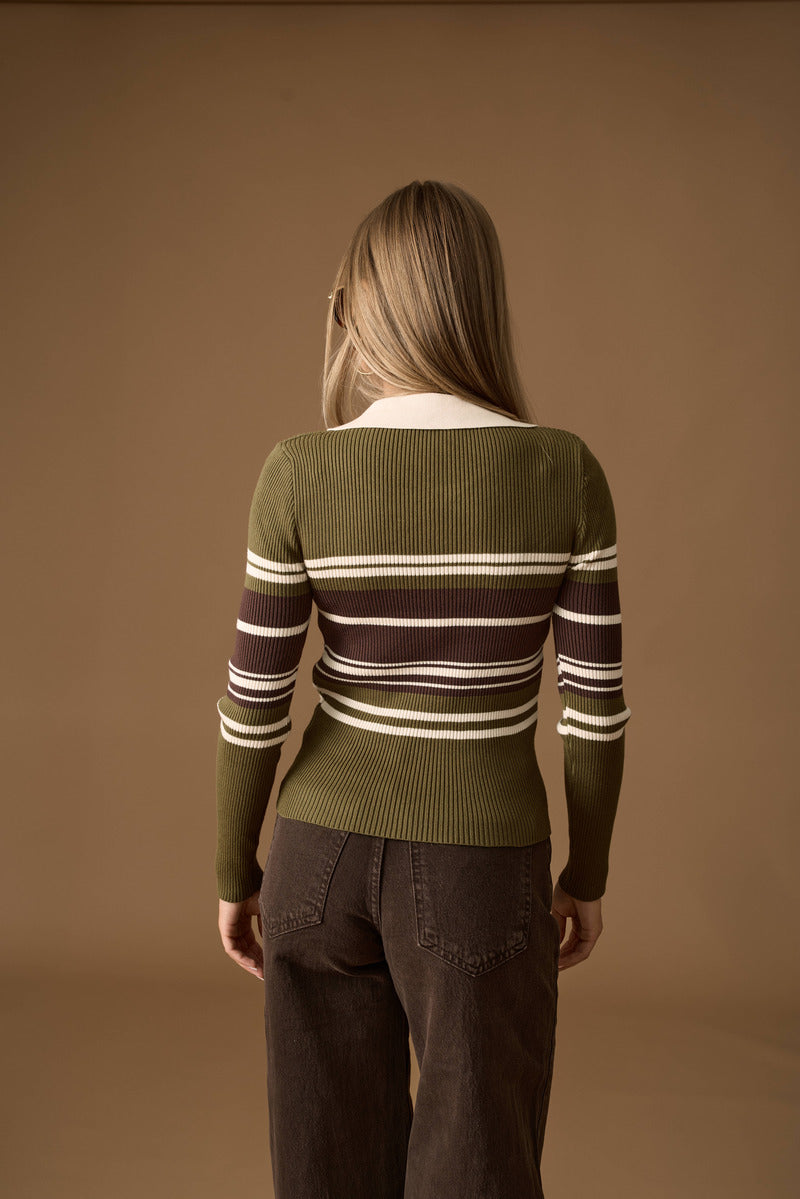 Polo Manica Lunga Righe verde militare|Colore:Verde militare