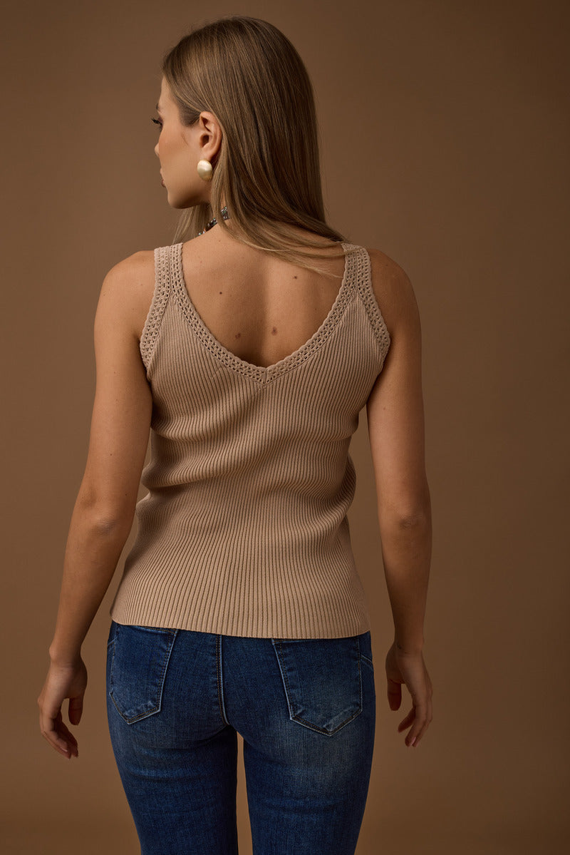 Top Costine Doppio Scollo V Cammello|Colore:Cammello