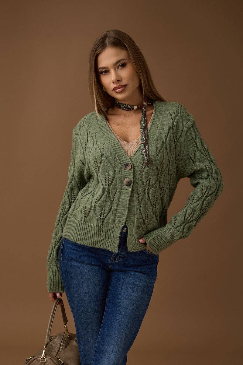 Cardigan Foglie Vestibilità Regolare verde salvia|Colore:Verde salvia