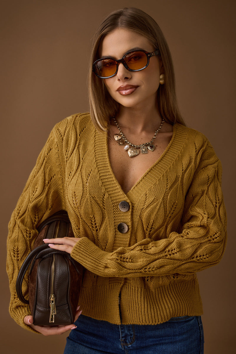 Cardigan Foglie Vestibilità Regolare ocra|Colore:Ocra
