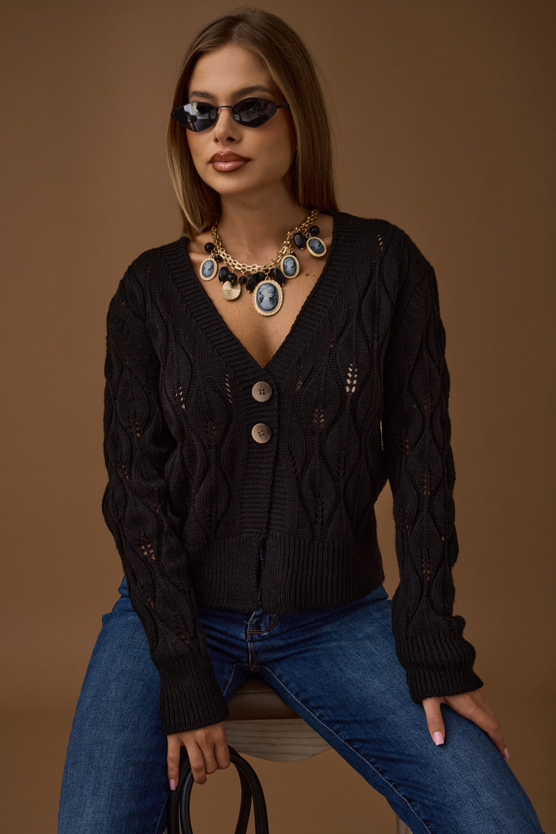 Cardigan Foglie Vestibilità Regolare nero|Colore:Nero