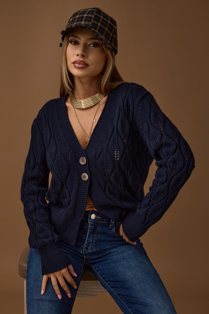 Cardigan Foglie Vestibilità Regolare blu|Colore:Blu