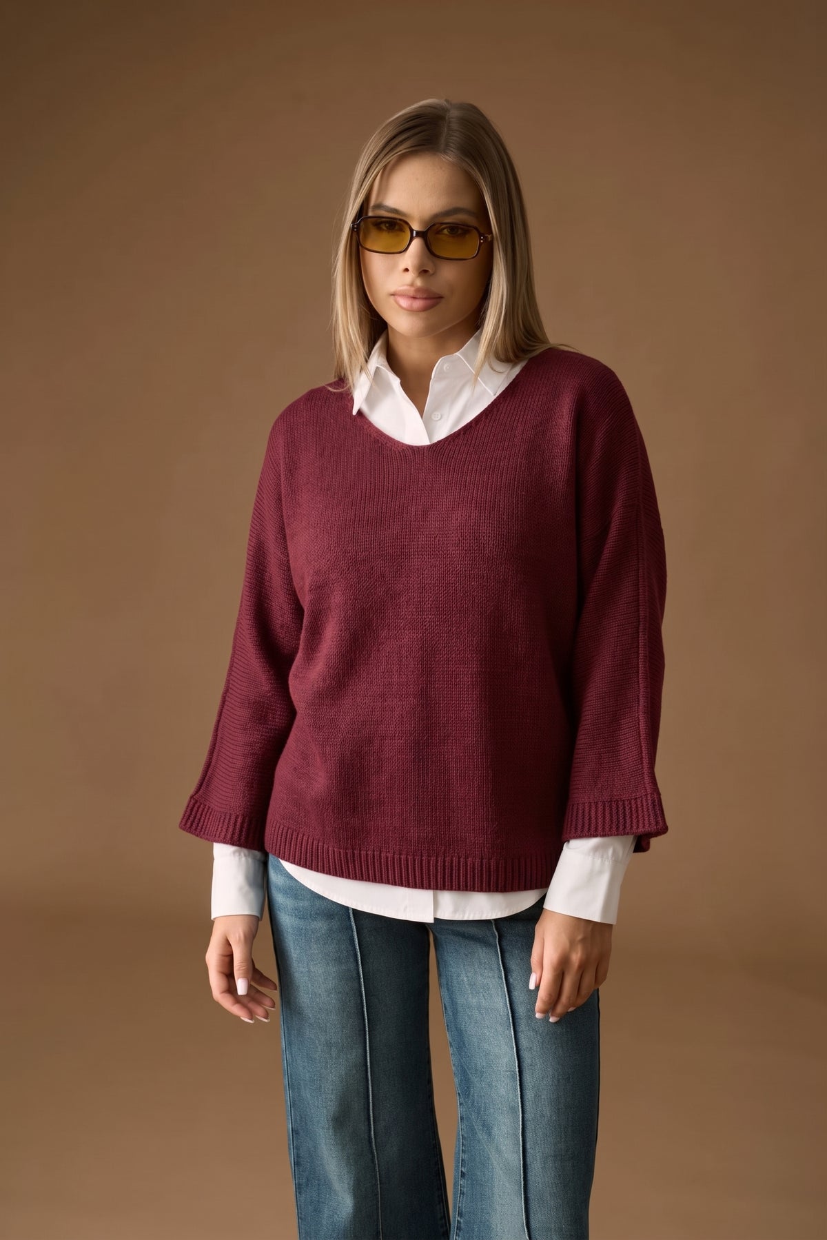 Pull Over Scollo V Bordeaux|Colore:Bordeaux