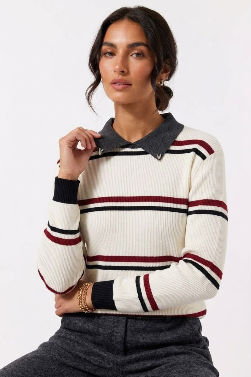 Maglia Righe Con Colletto Panna|Colore:Panna