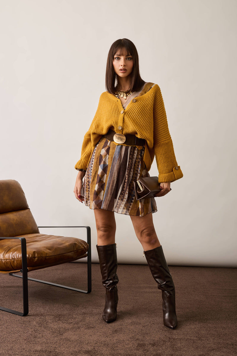 Cardigan Costine Bottone Legno Senape|Colore:Senape