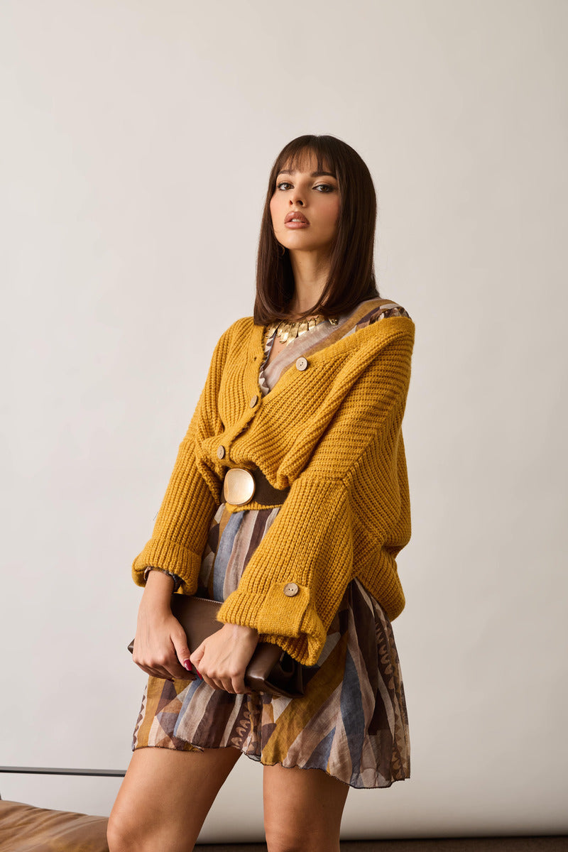 Cardigan Costine Bottone Legno Senape|Colore:Senape