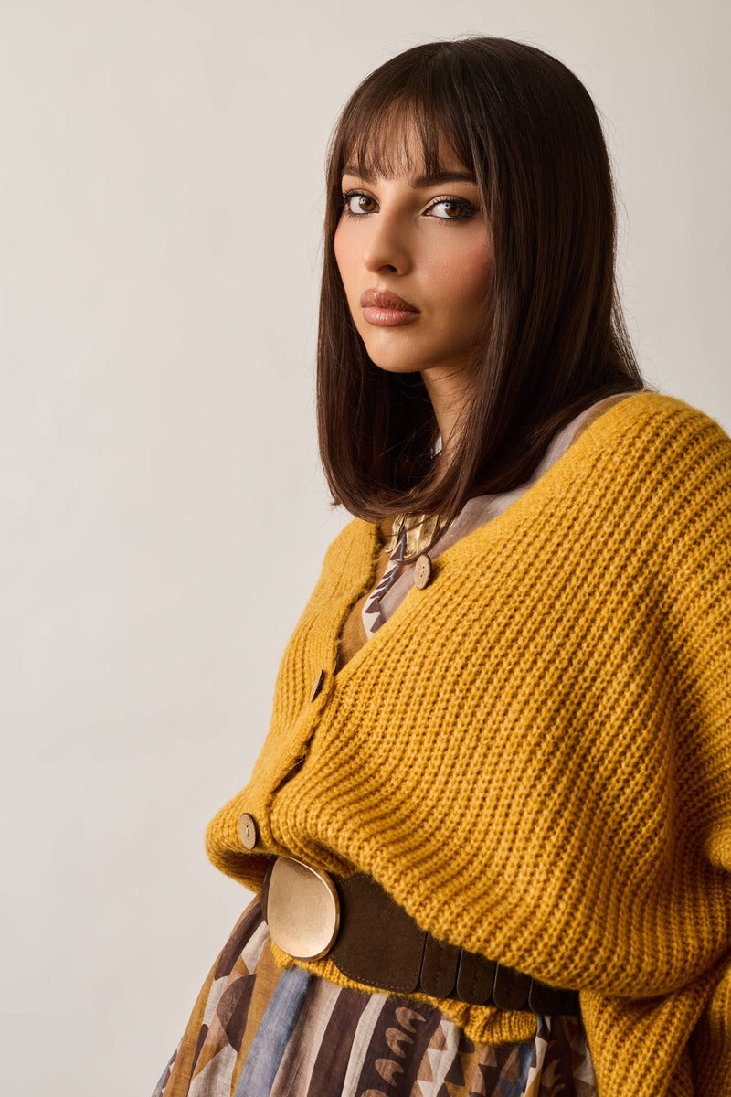 Cardigan Costine Bottone Legno Senape|Colore:Senape