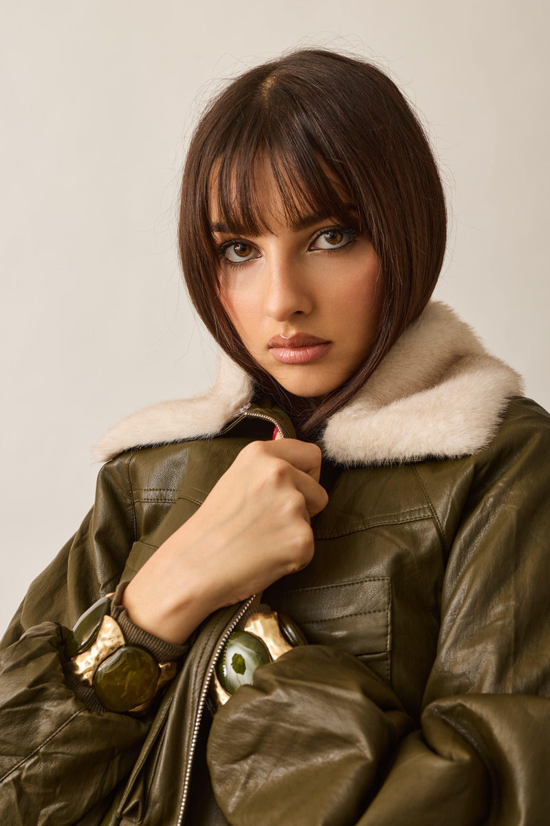 Giubbino Collo Ecopelliccia verde militare|Colore:Verde militare