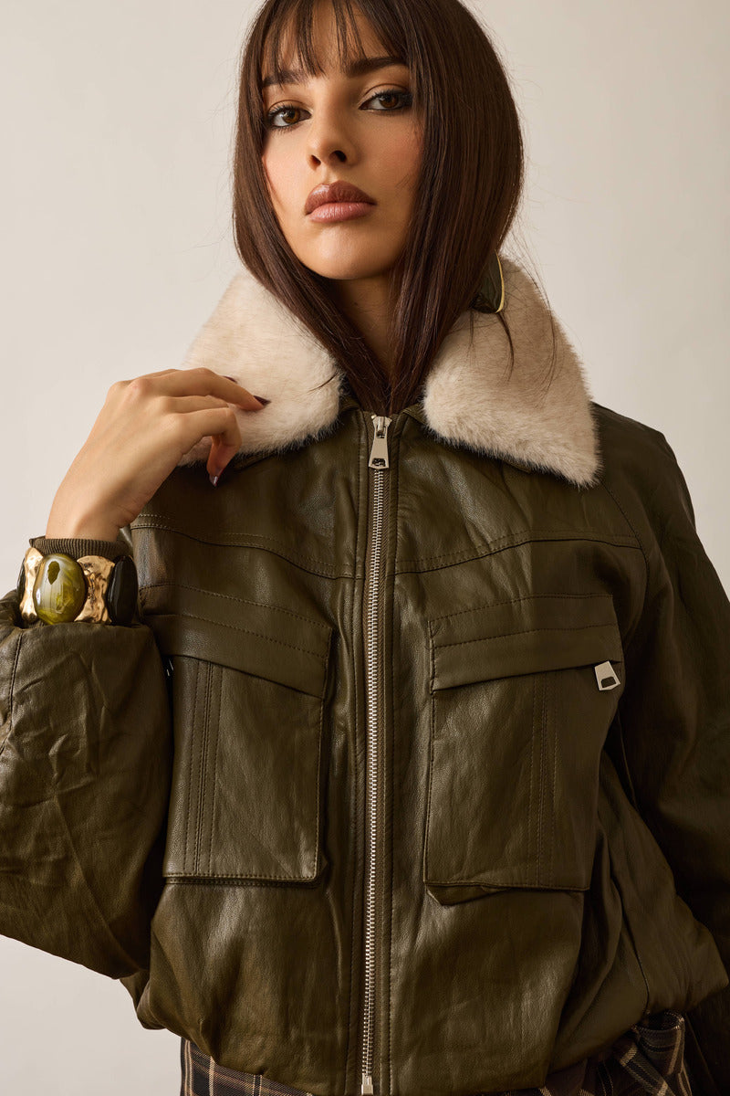 Giubbino Collo Ecopelliccia verde militare|Colore:Verde militare