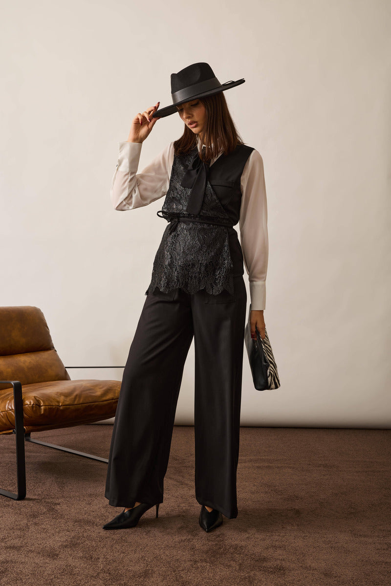 Coordinato Gilet In Pizzo nero|Colore:Nero