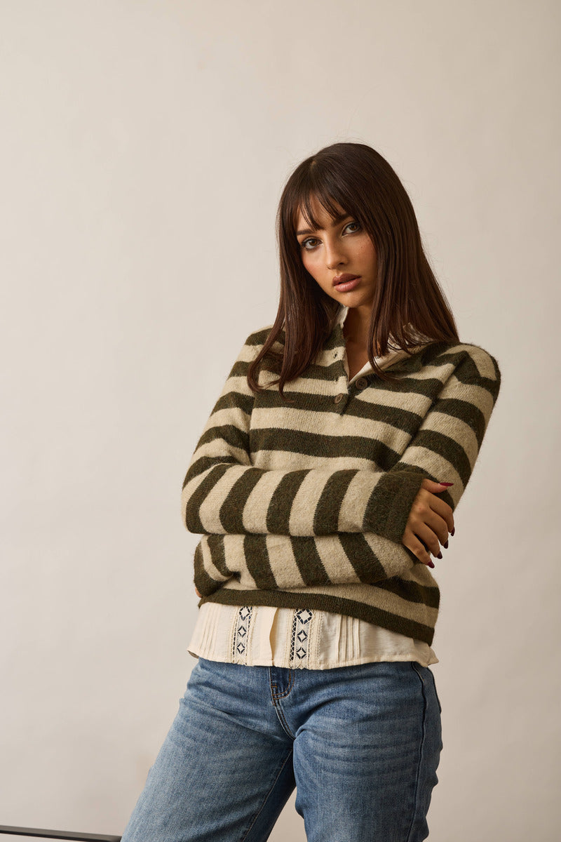 Pull Righe Bottoni Verde militare|Colore:Verde militare
