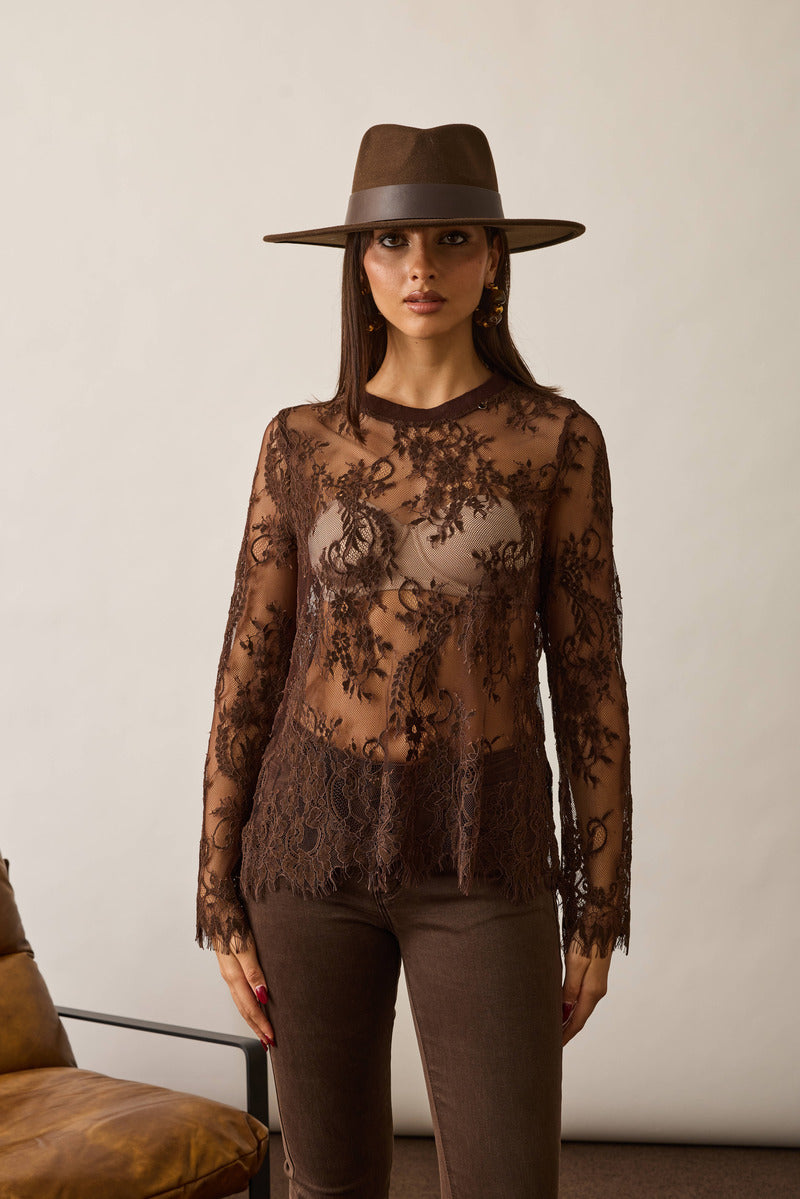 Maglia Girocollo Pizzo testa di moro|Colore:Testa di moro