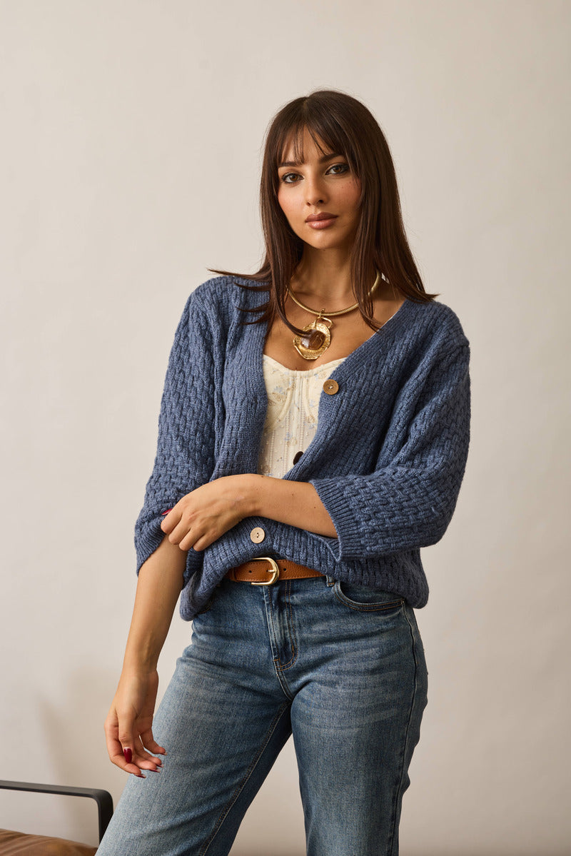 Cardigan Intreccio Bottoni Legno Avion|Colore:Avion