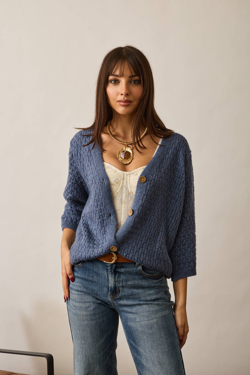 Cardigan Intreccio Bottoni Legno Avion|Colore:Avion