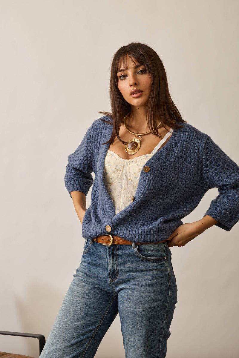 Cardigan Intreccio Bottoni Legno Avion|Colore:Avion