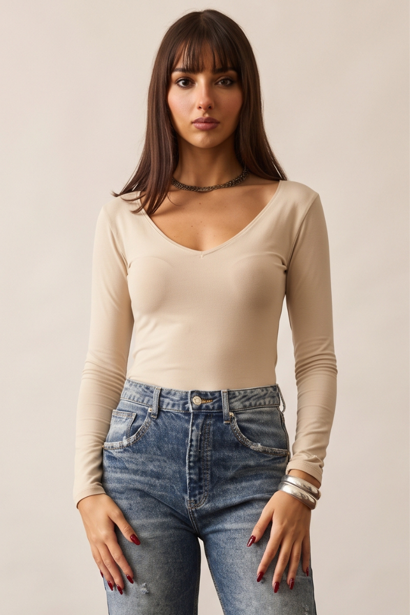 Maglia Scollo V Beige|Colore:Beige
