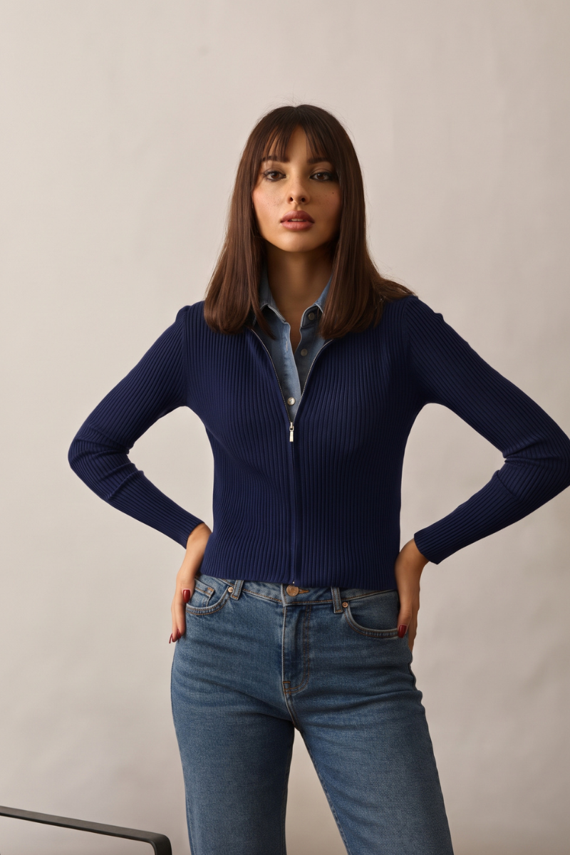 Cardigan Costine Zip Blu|Colore:Blu
