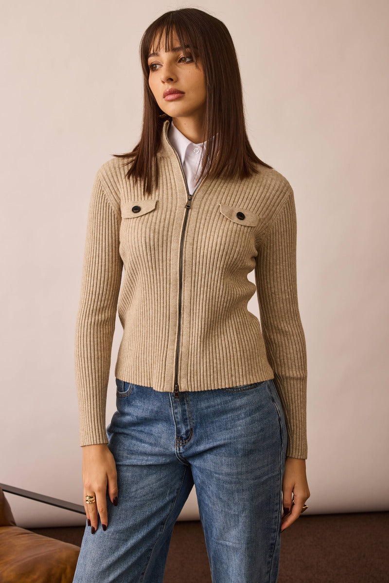 Cardigan Zip beige scuro|Colore:Beige scuro