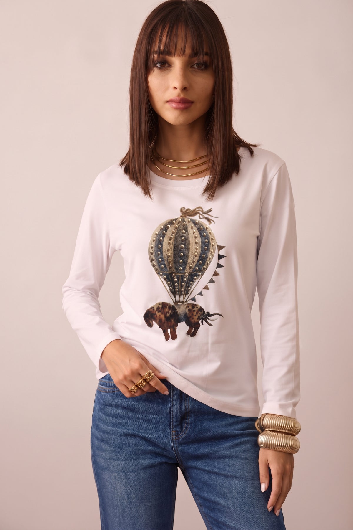 T-Shirt Manica Lunga Mongolfiera Dog Blu denim|Colore:Blu denim
