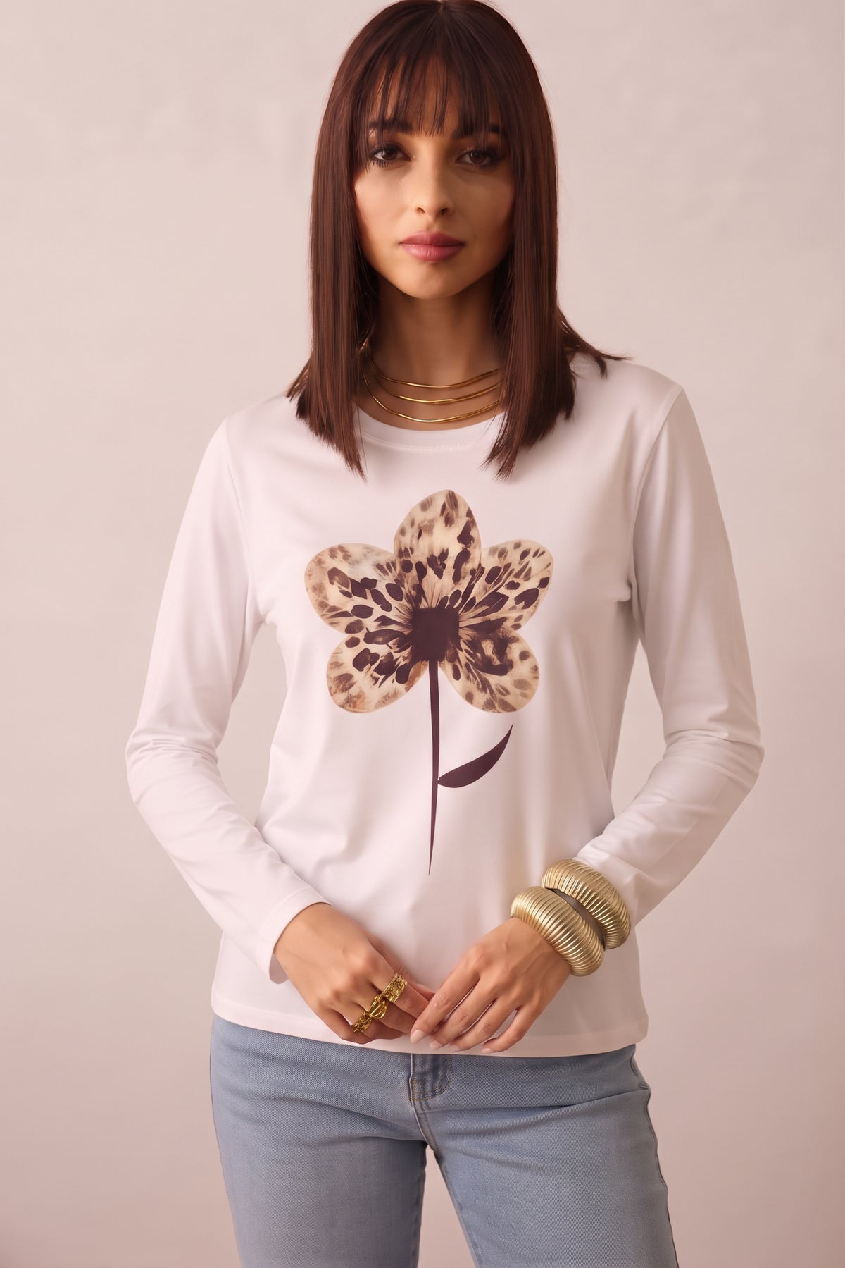 T-Shirt Manica Lunga Fiore Maculato testa di moro|Colore:Testa di moro