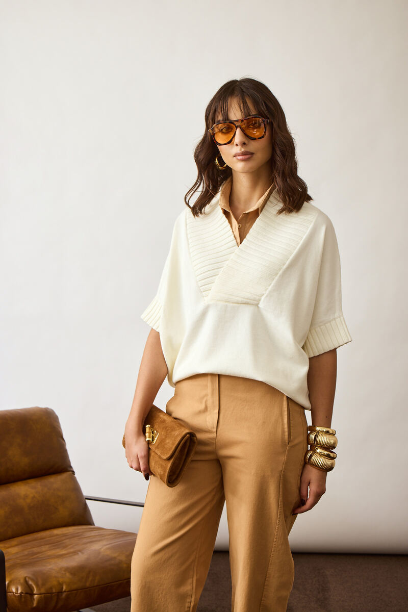 Pull Scollo V Coste panna|Colore:Panna