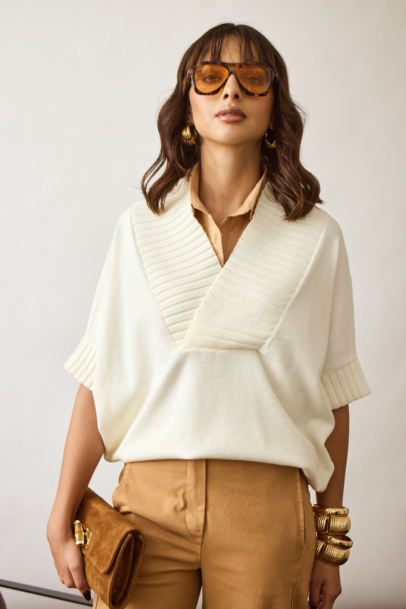 Pull Scollo V Coste panna|Colore:Panna